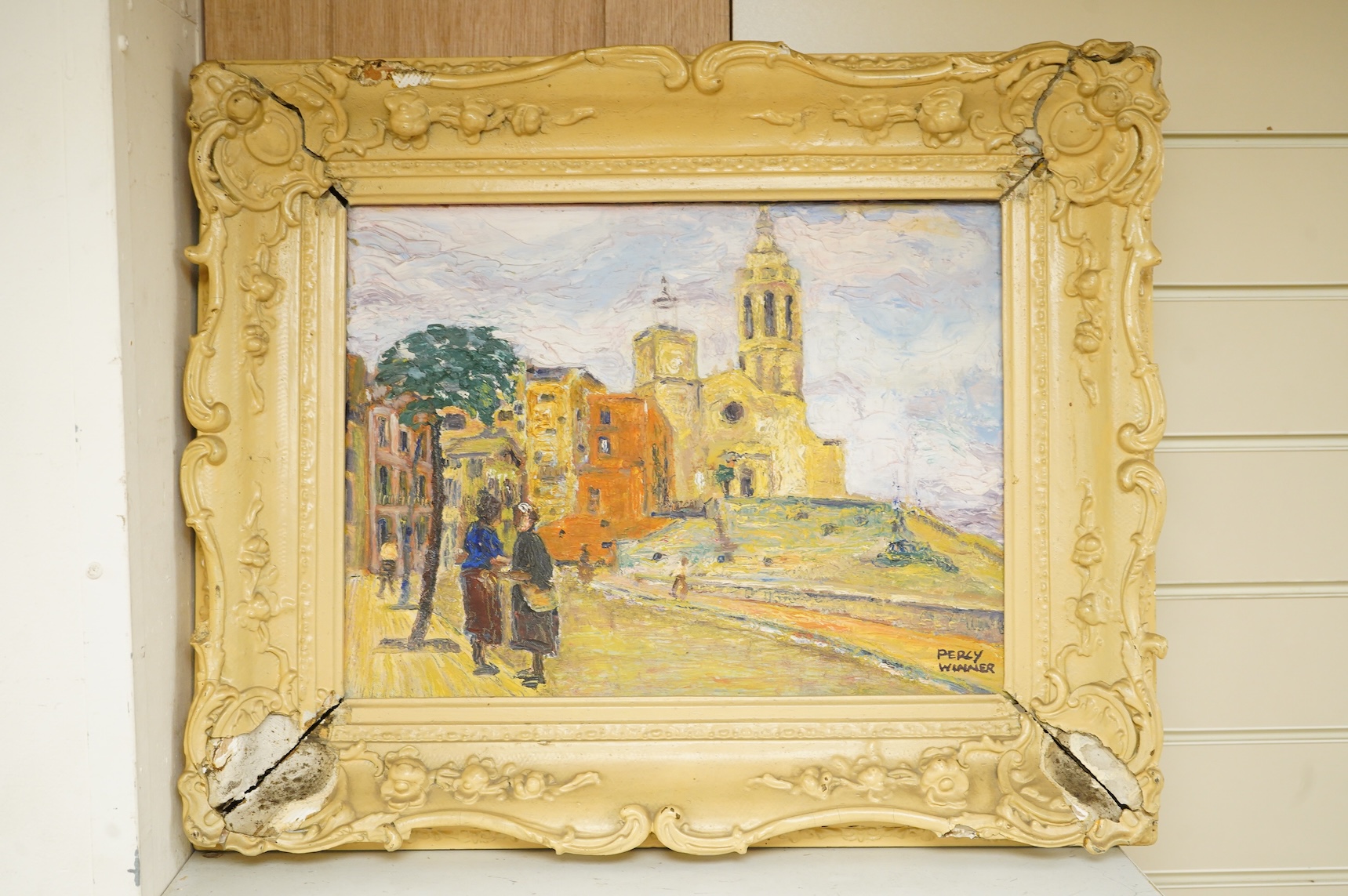 Percy Winner, Two figures before a church, signed, Impressionist oil on canvas, 29 x 39cm